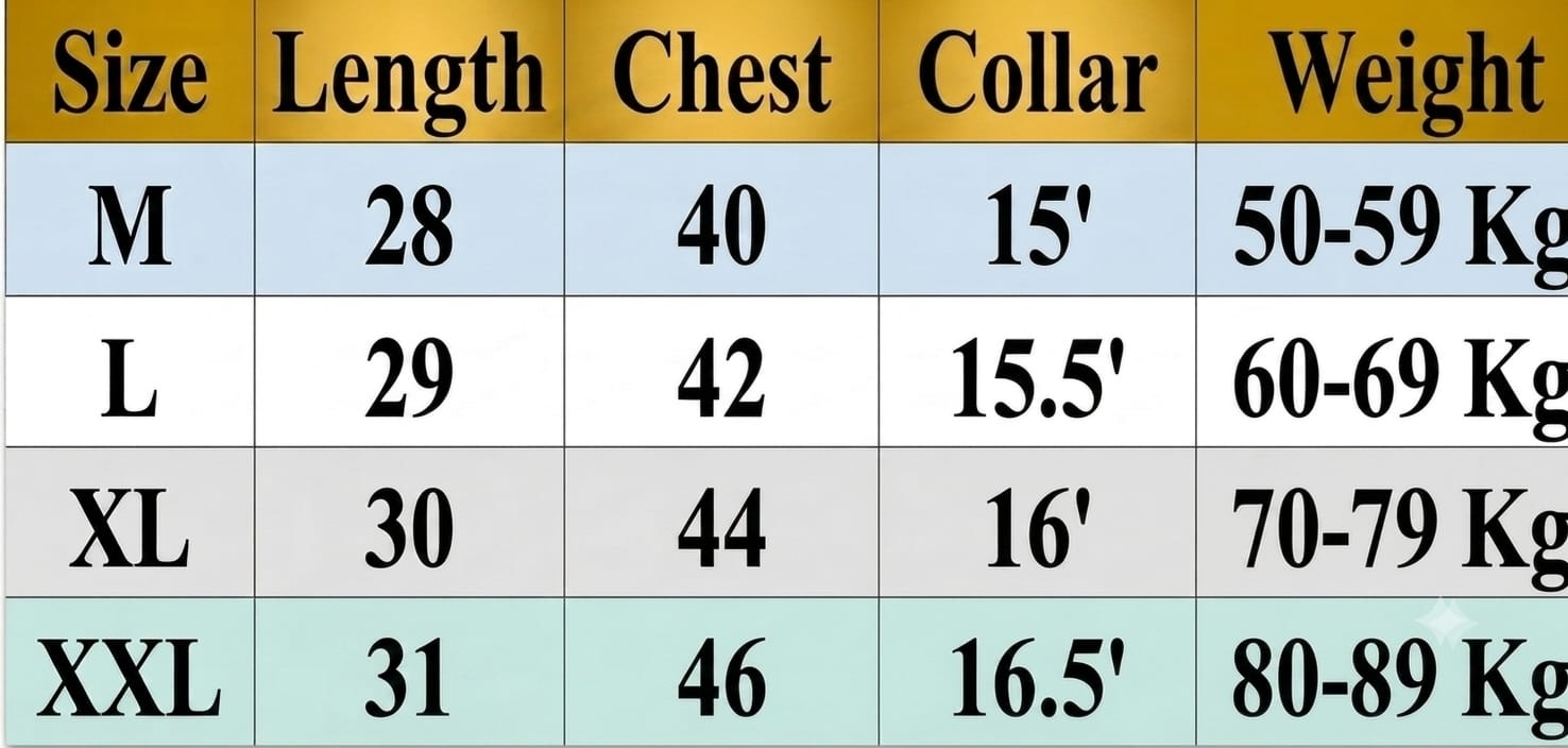 Size chart for Short Sleeve Katua Oxford cotton For mens