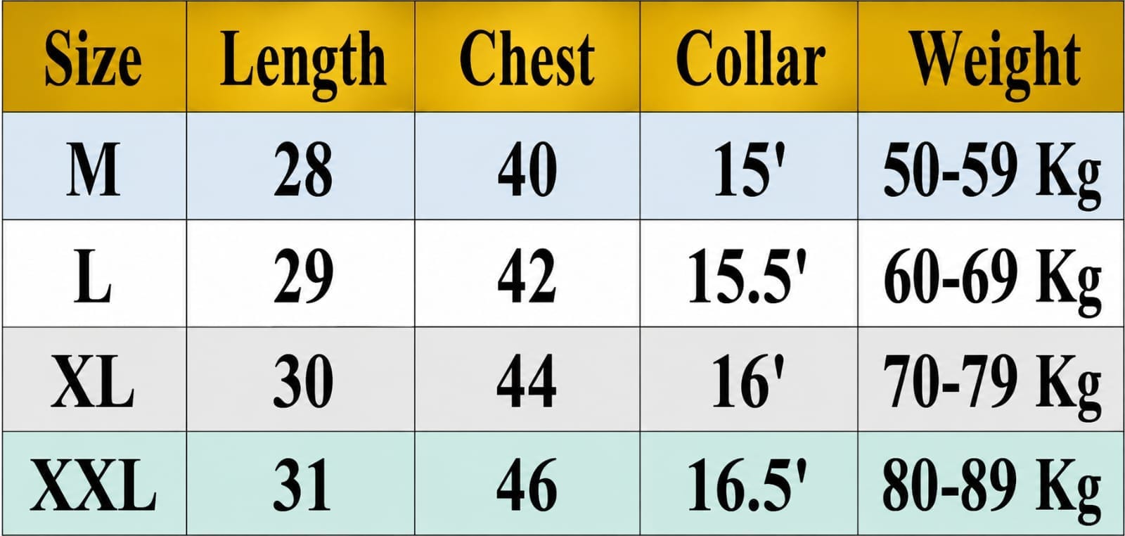 Size chart for Half Sleeve Stylish Katua Oxford cotton