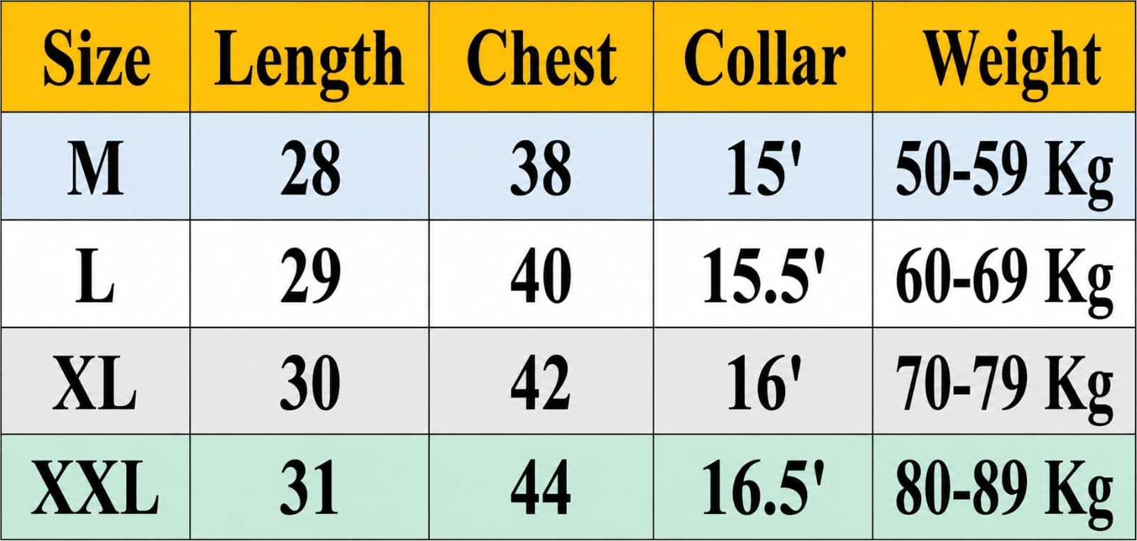 Size chart for Full Sleeve Stylish Katua Oxford cotton