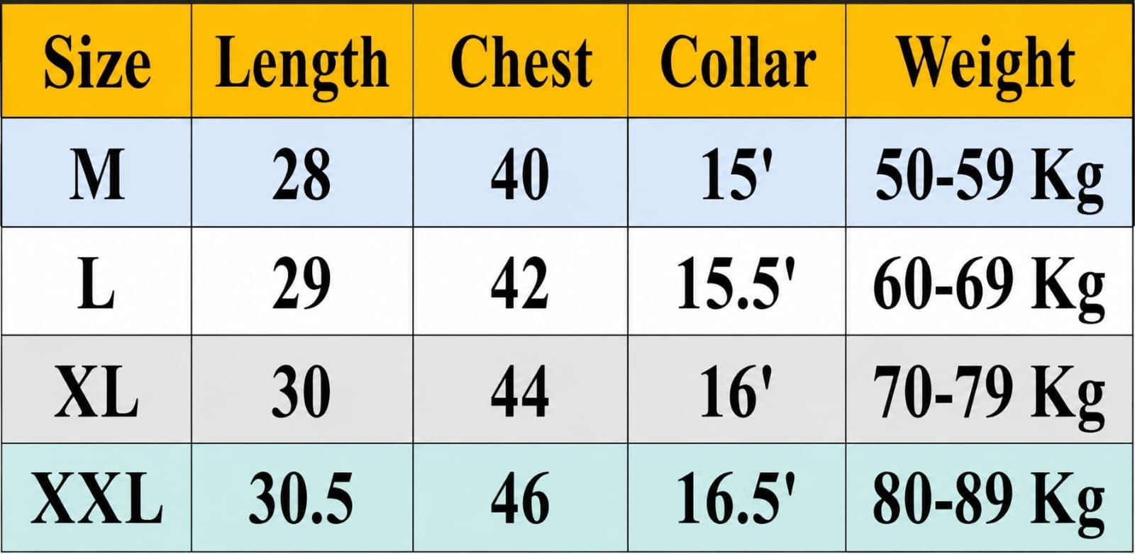Size chart for Full Sleeve Katua Oxford cotton For mens